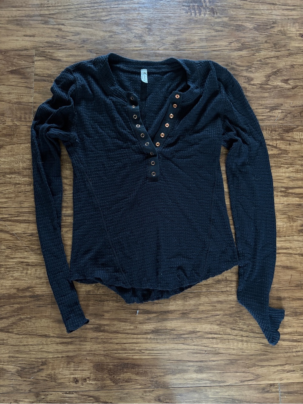 Free People Black Waffle Knit Henley Long-Sleeve Top